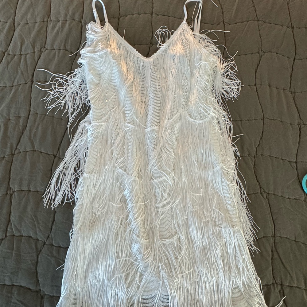 Lulu's White Fringe Spaghetti Strap Dress